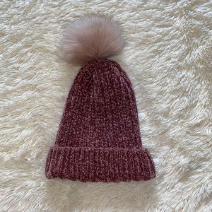 Pink chenille hat with puff ball